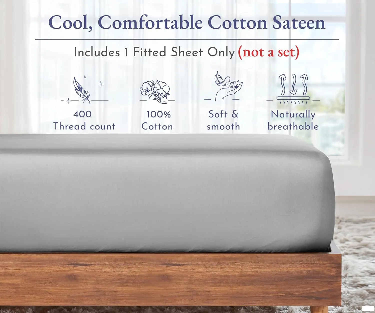 California Design Den King Size Fitted Sheets, Deep Pocket Soft 400 Thread Count 100% Cotton, No Pop-Off Elastic, Durable Sateen Weave Sheet Only (King, Light Grey)