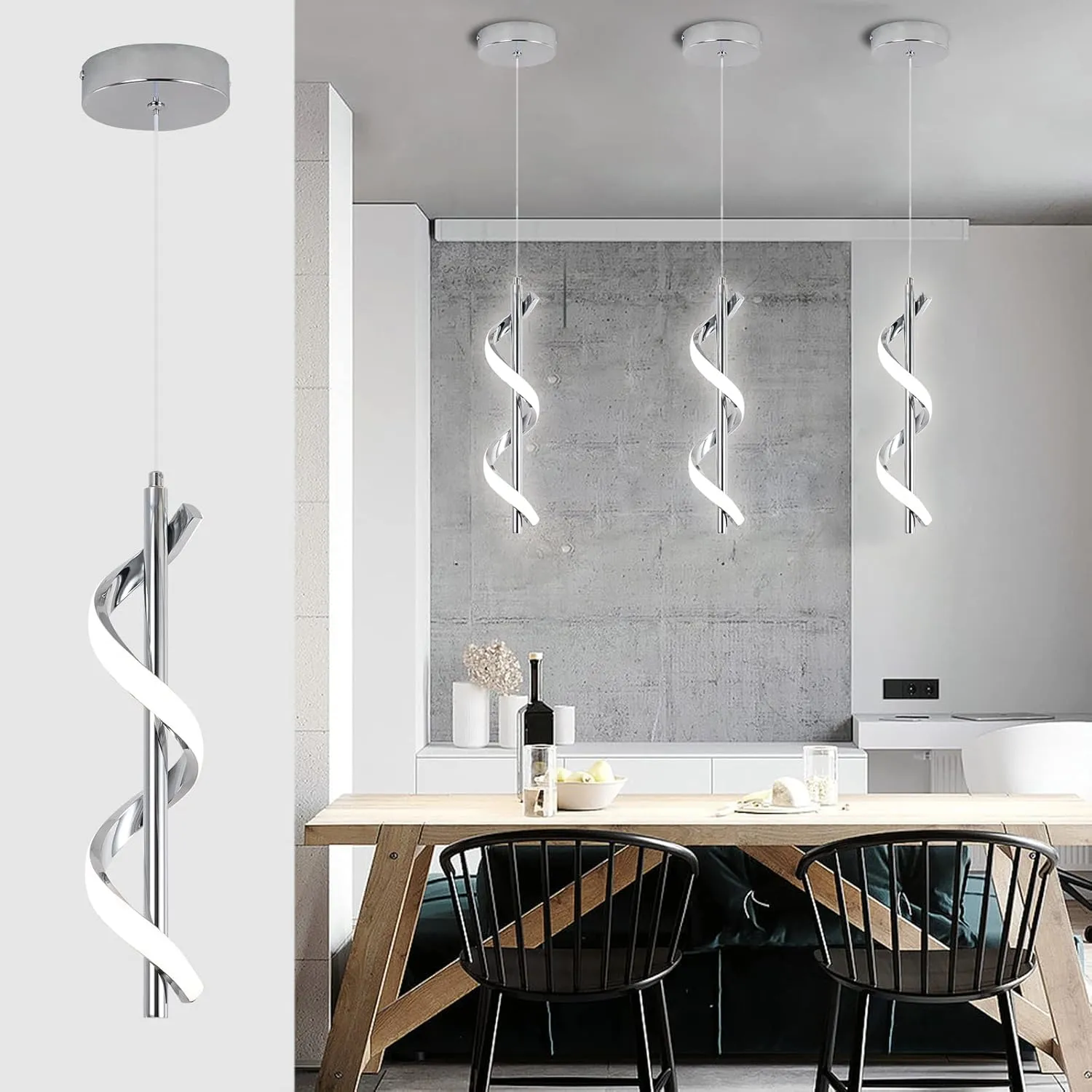 CANEOE Modern Led Pendant Light Fixture, 5500K Cool White Spiral Integrated LED Hanging Lamp, Adjustable Height Island Light Fixture for Kitchen Sink Living Room Dining Room Bedroom,1 Pack