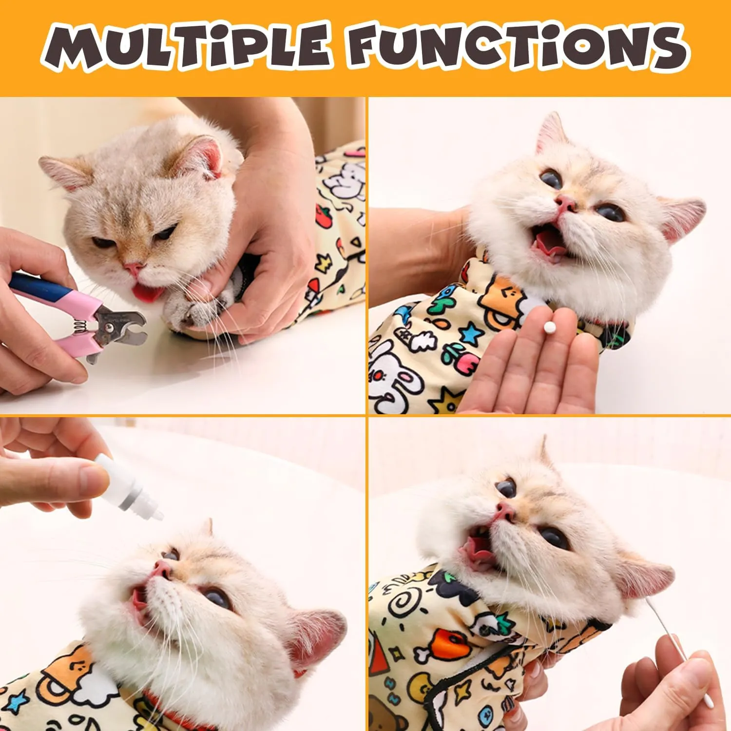 Cat Grooming Wrap, Self-Adherent Soft Cat Blanket to Wrap, Nail Clipping, Anti-Bite, Anti-Scratch, Anti-Escape Calming Wrap (Cute Prints, 6-10 lbs)