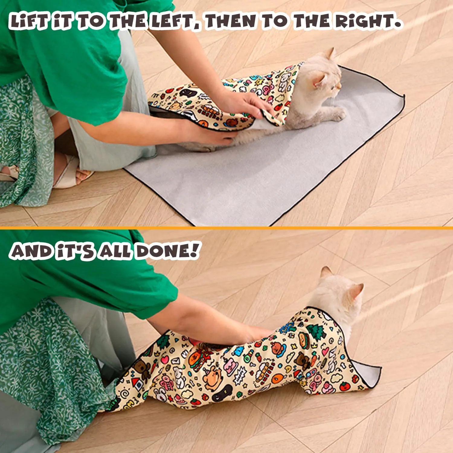 Cat Grooming Wrap, Self-Adherent Soft Cat Blanket to Wrap, Nail Clipping, Anti-Bite, Anti-Scratch, Anti-Escape Calming Wrap (Cute Prints, 6-10 lbs)