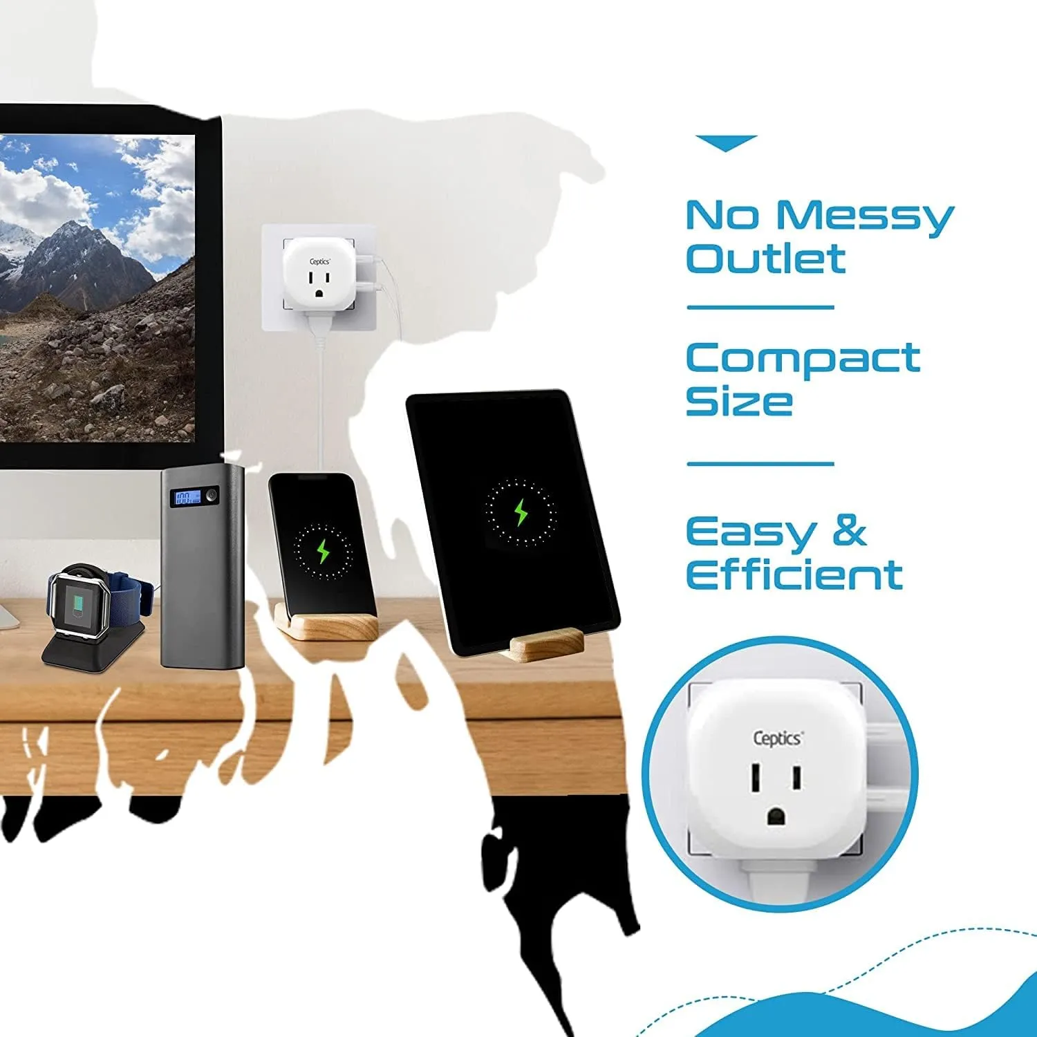 Ceptics India, Pakistan Travel Adapter - 5 Input with QC 3.1A Dual USB and USB-C - Ultra Compact - Light Weight - USA to Any Type D Countries Such as Bangladesh, Maldives and More (PTU-10), White