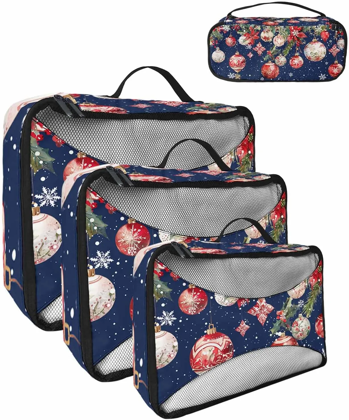 Christmas Poinsettia Ornament 4 Set Packing Cubes, Winter Cedar Leaf Berry Snowflake Navy Packing Cubes for Carry on Suitcase Travel Essential Bag for Clothes Shoes Cosmetics Toiletry