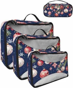Christmas Poinsettia Ornament 4 Set Packing Cubes, Winter Cedar Leaf Berry Snowflake Navy Packing Cubes for Carry on Suitcase Travel Essential Bag for Clothes Shoes Cosmetics Toiletry