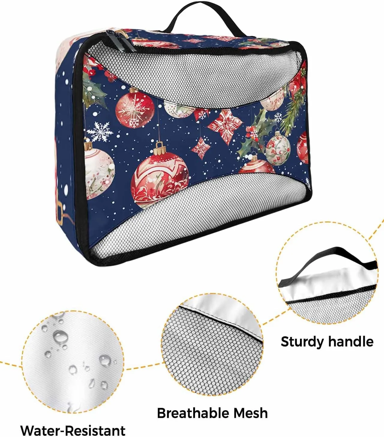 Christmas Poinsettia Ornament 4 Set Packing Cubes, Winter Cedar Leaf Berry Snowflake Navy Packing Cubes for Carry on Suitcase Travel Essential Bag for Clothes Shoes Cosmetics Toiletry