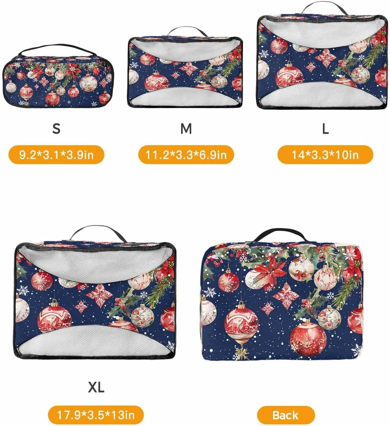 Christmas Poinsettia Ornament 4 Set Packing Cubes, Winter Cedar Leaf Berry Snowflake Navy Packing Cubes for Carry on Suitcase Travel Essential Bag for Clothes Shoes Cosmetics Toiletry