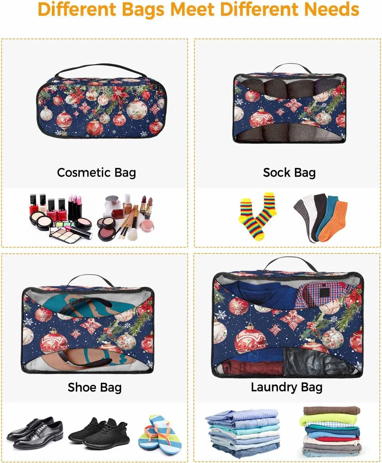 Christmas Poinsettia Ornament 4 Set Packing Cubes, Winter Cedar Leaf Berry Snowflake Navy Packing Cubes for Carry on Suitcase Travel Essential Bag for Clothes Shoes Cosmetics Toiletry
