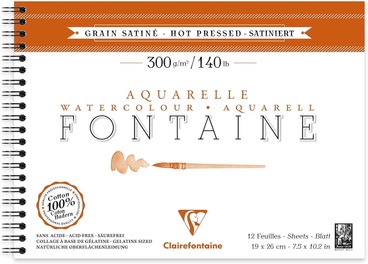 Clairefontaine - Ref 96352C - Fontaine Hot Pressed Watercolour Wirebound Pad (12 Sheets) - 19 x 26cm Size, 300gsm Paper - Suitable for Watercolour Artwork