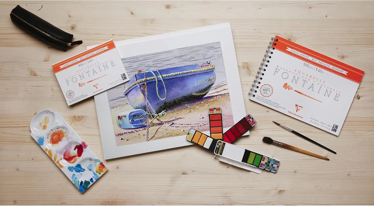Clairefontaine - Ref 96352C - Fontaine Hot Pressed Watercolour Wirebound Pad (12 Sheets) - 19 x 26cm Size, 300gsm Paper - Suitable for Watercolour Artwork