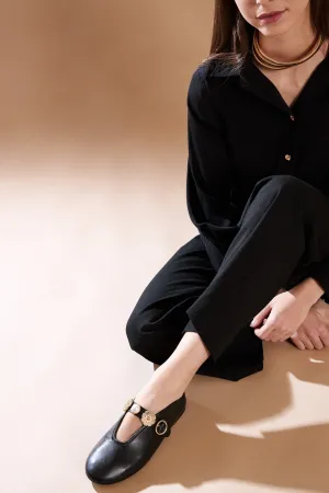 CLARICE BLACK - Leather Ballet Flats with Embellished Strap