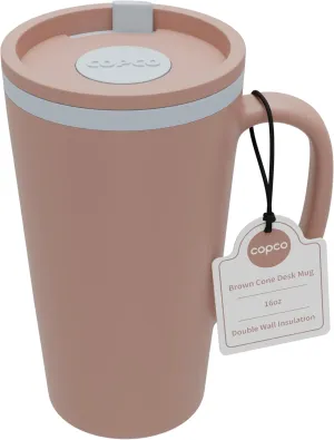 Copco Cone Desk Mug, 16 Ounce - Double Wall Insulated Travel-Friendly Mug with Lid and Handle, Microwave & Dishwasher Safe, BPA-Free Mug, Desk-Friendly & Car Cup Holder Compatible (Brown)