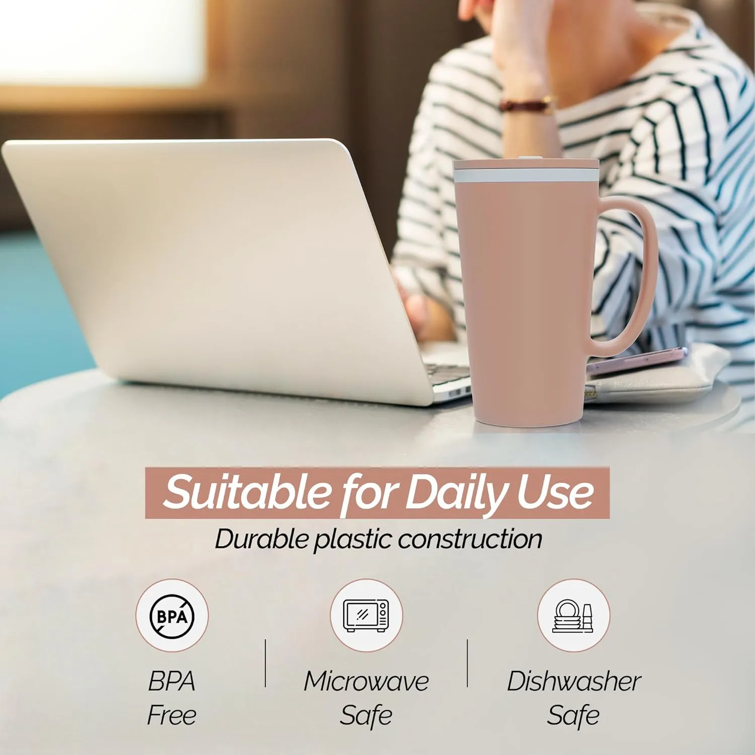 Copco Cone Desk Mug, 16 Ounce - Double Wall Insulated Travel-Friendly Mug with Lid and Handle, Microwave & Dishwasher Safe, BPA-Free Mug, Desk-Friendly & Car Cup Holder Compatible (Brown)