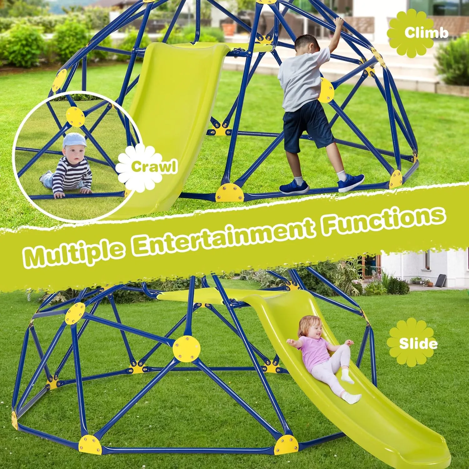 Costzon Climbing Dome with Slide for Kids, 8FT Kids Jungle Gym Monkey Bar Climbing Toys for Outdoor, 2 in 1 Indoor Geometric Dome Climber Playground Set for 3-8 Boys Girls Toddlers Backyard Gifts