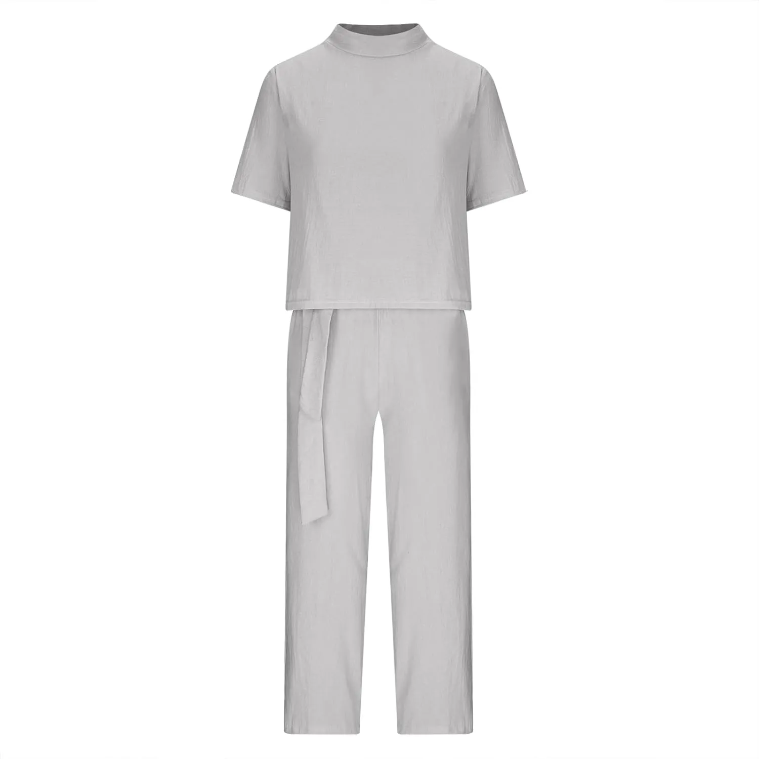 Cotton Linen Two Piece Set For Women Summer Vacation Outfits Sets Short Sleeve Tops Wide Leg Pants Matching Lounge Set