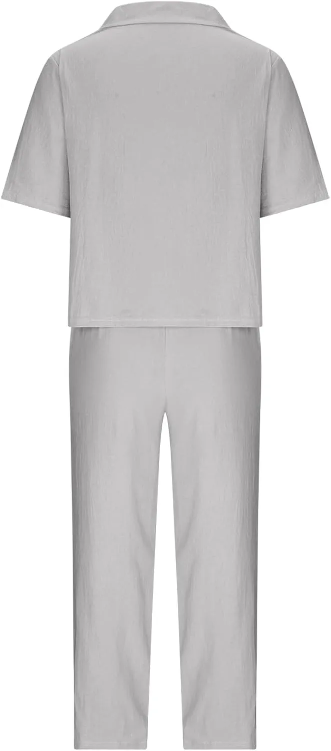 Cotton Linen Two Piece Set For Women Summer Vacation Outfits Sets Short Sleeve Tops Wide Leg Pants Matching Lounge Set
