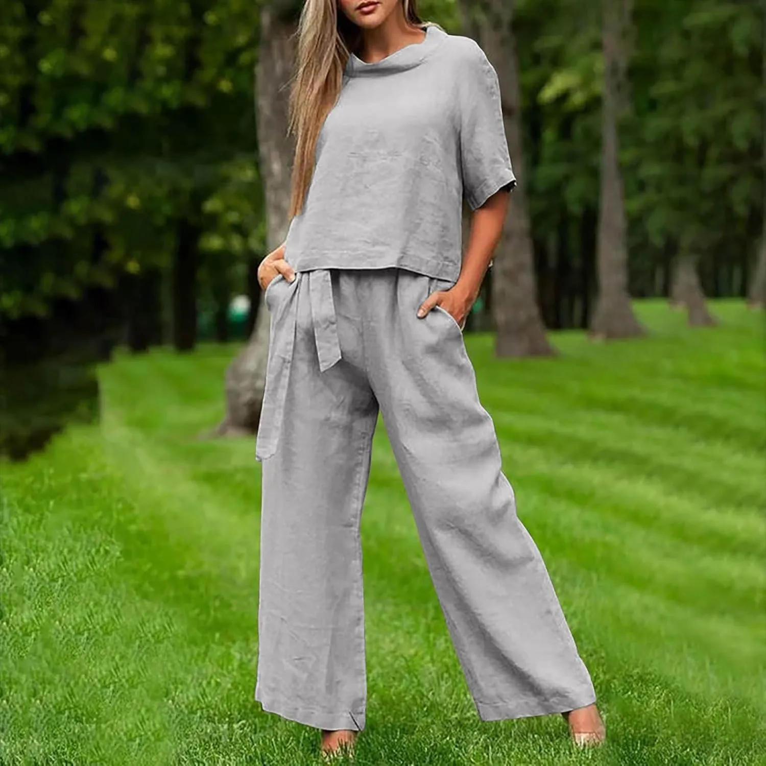 Cotton Linen Two Piece Set For Women Summer Vacation Outfits Sets Short Sleeve Tops Wide Leg Pants Matching Lounge Set