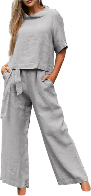 Cotton Linen Two Piece Set For Women Summer Vacation Outfits Sets Short Sleeve Tops Wide Leg Pants Matching Lounge Set