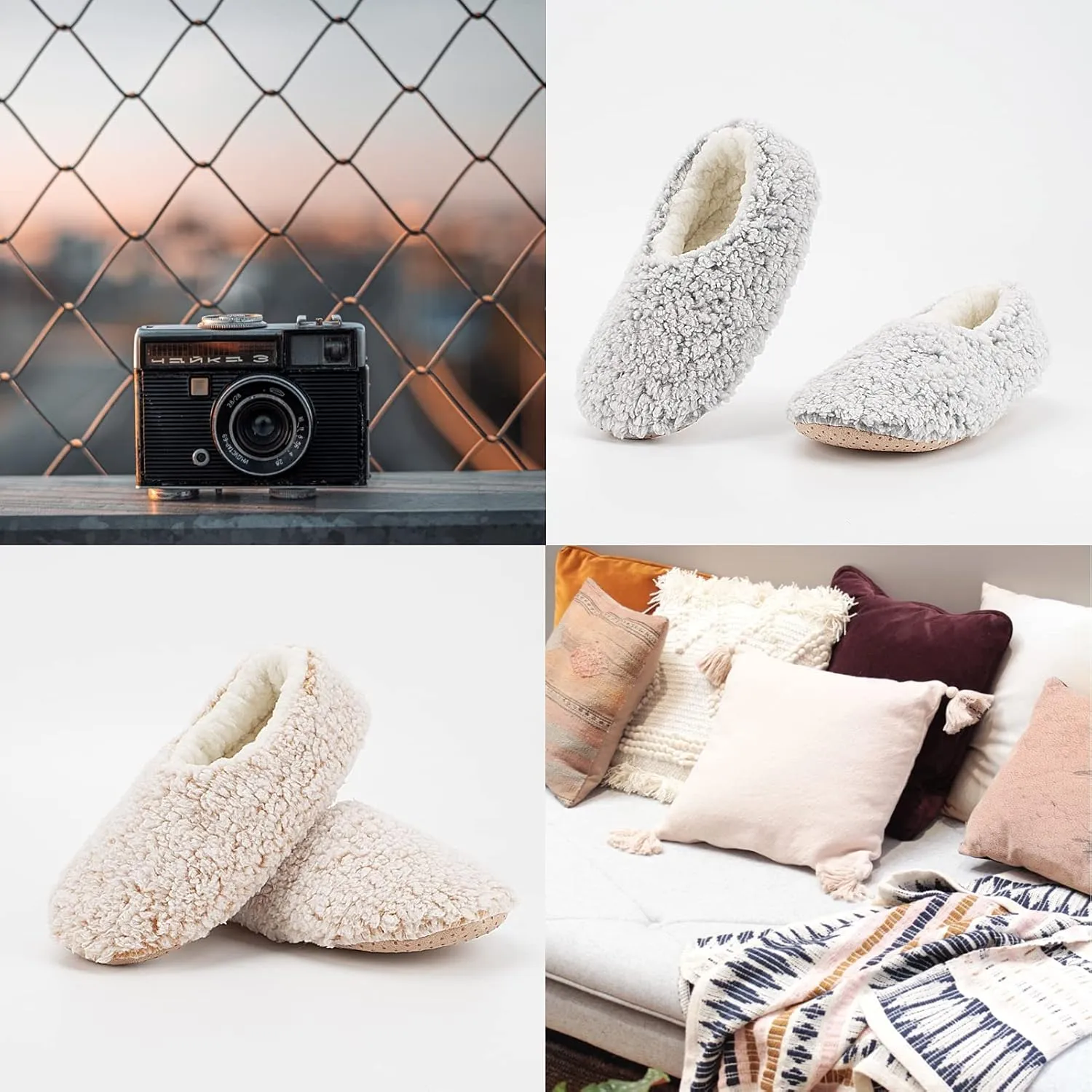 Cozylook 2-Pair Women's Soft Sole Slipper Socks with Grippers, Thick Warm Cozy Sherpa Lined Home Socks Set, Cable Knitted Non-slip Fluffy Winter House Bedroom Slippers