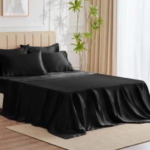 CozyLux Satin Sheets King Size - 6 Piece Black Bed Sheet Set with Silky Microfiber, 1 Deep Pocket Fitted Sheet, 1 Flat Sheet, and 4 Pillowcases - Smooth and Soft