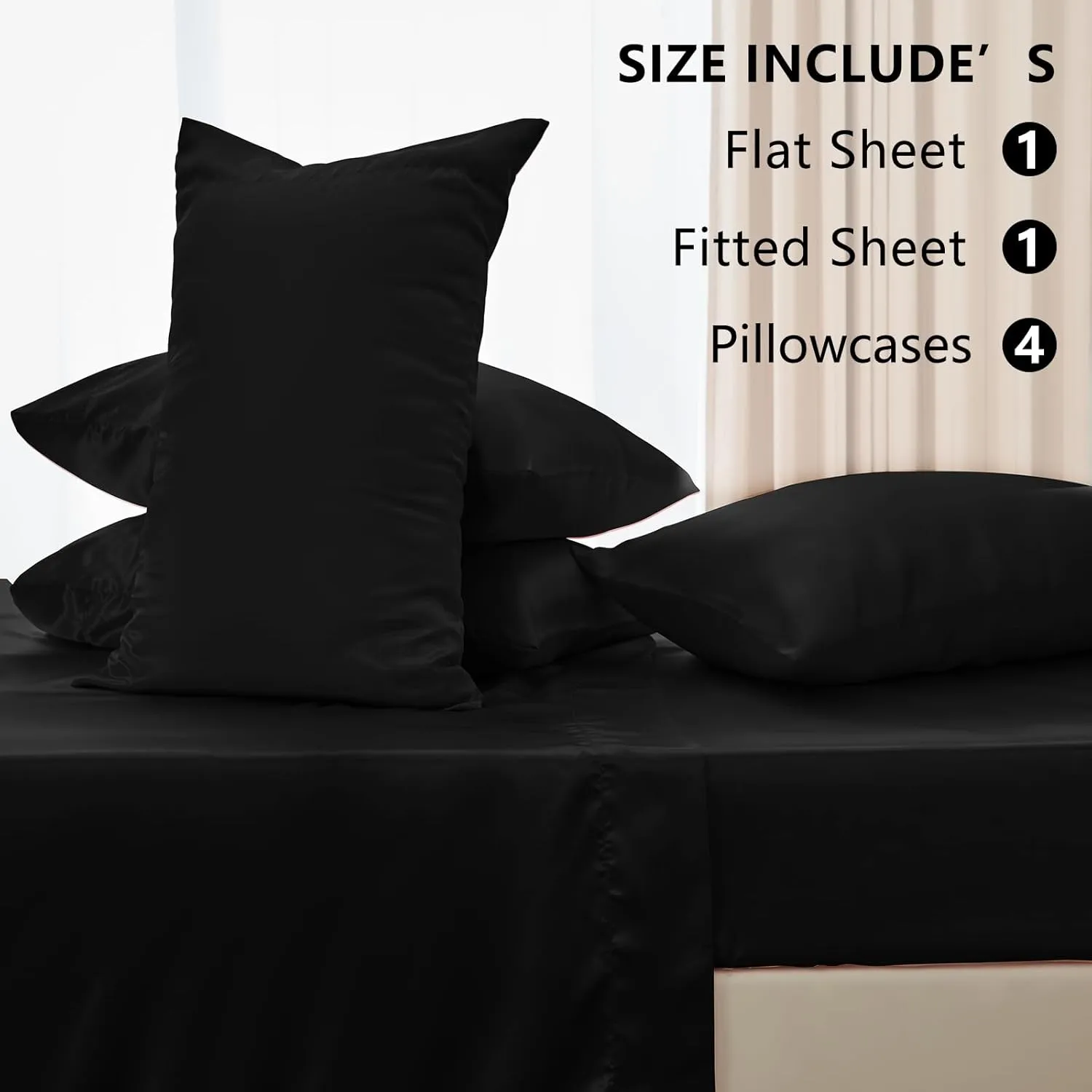 CozyLux Satin Sheets King Size - 6 Piece Black Bed Sheet Set with Silky Microfiber, 1 Deep Pocket Fitted Sheet, 1 Flat Sheet, and 4 Pillowcases - Smooth and Soft