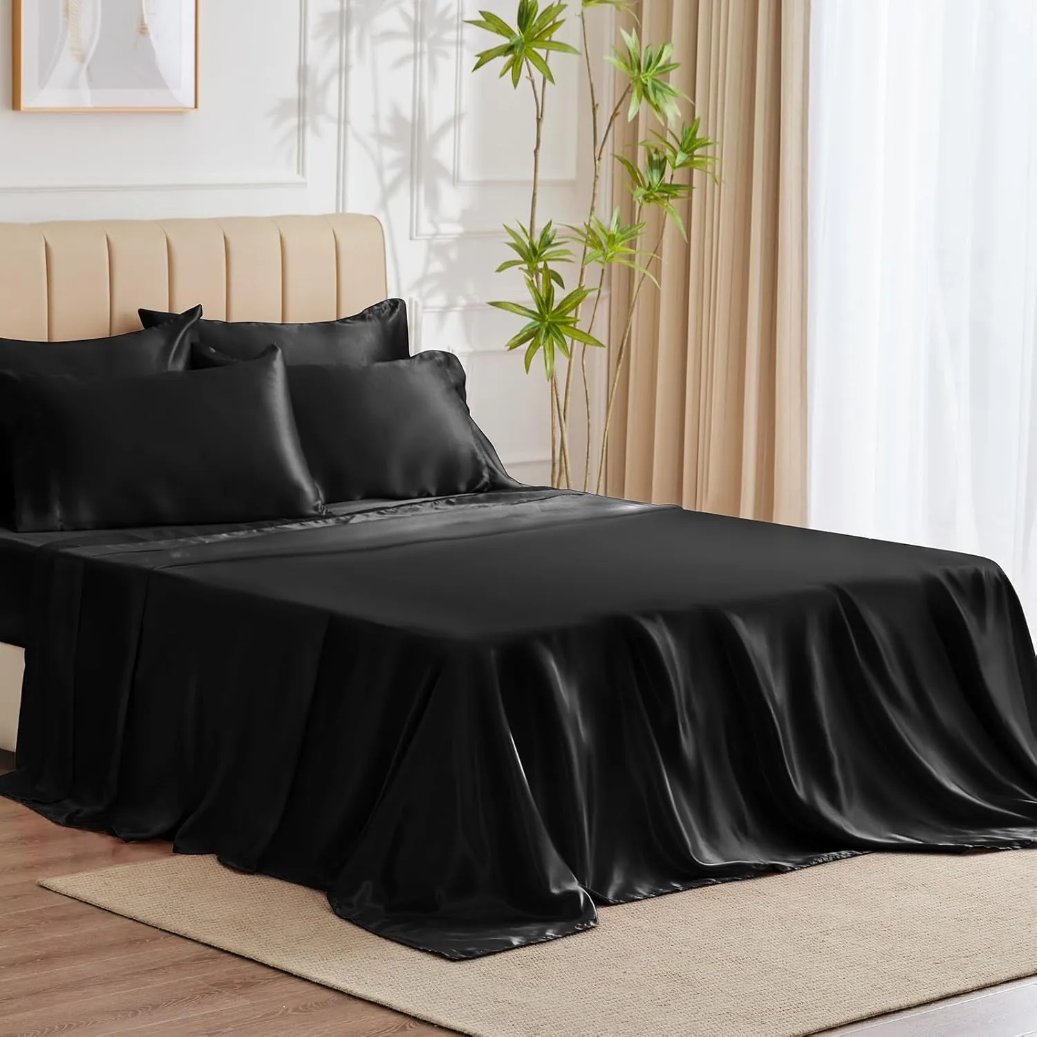 CozyLux Satin Sheets King Size - 6 Piece Black Bed Sheet Set with Silky Microfiber, 1 Deep Pocket Fitted Sheet, 1 Flat Sheet, and 4 Pillowcases - Smooth and Soft