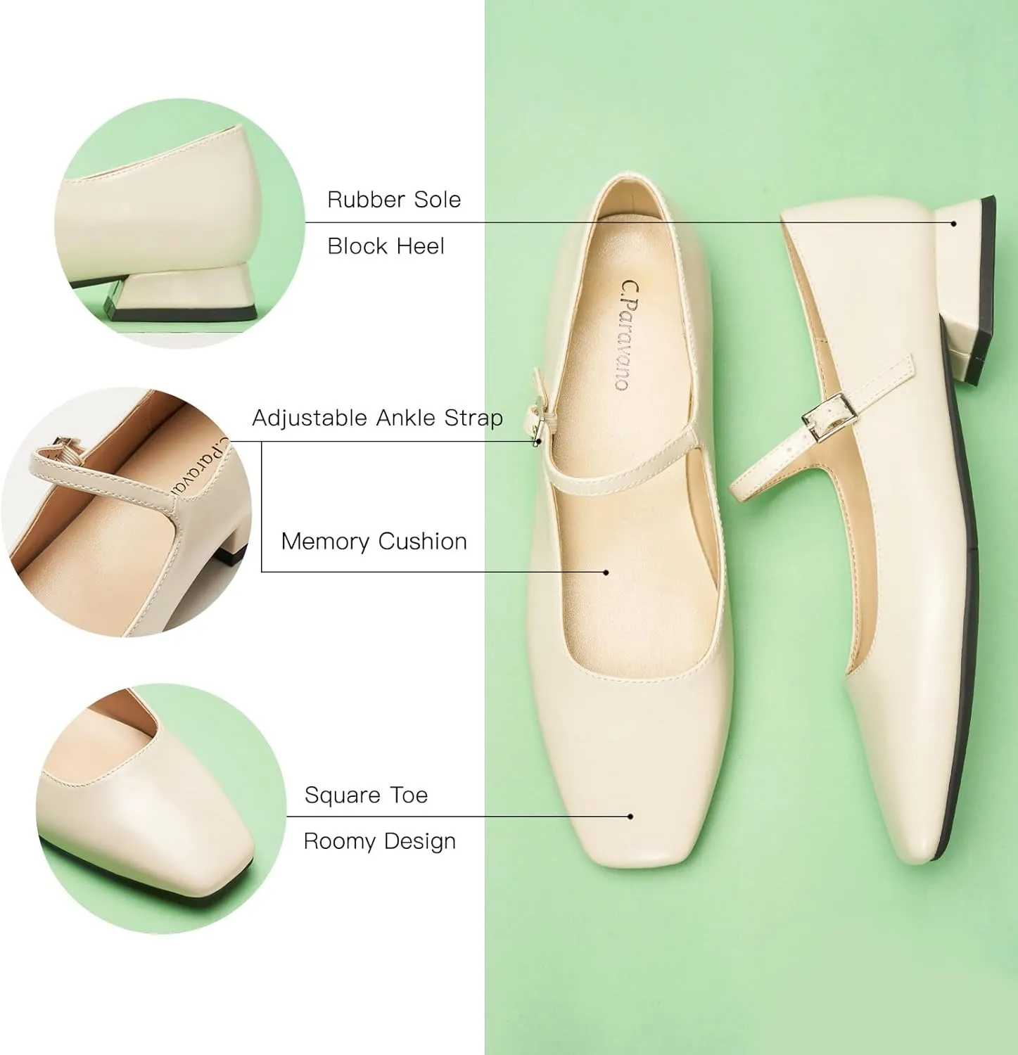 C.Paravano Women's Mary Jane Flats Adjustable Strap & Square Toe | Memory Foam Comfort | Perfect for Office, Weddings, Travel