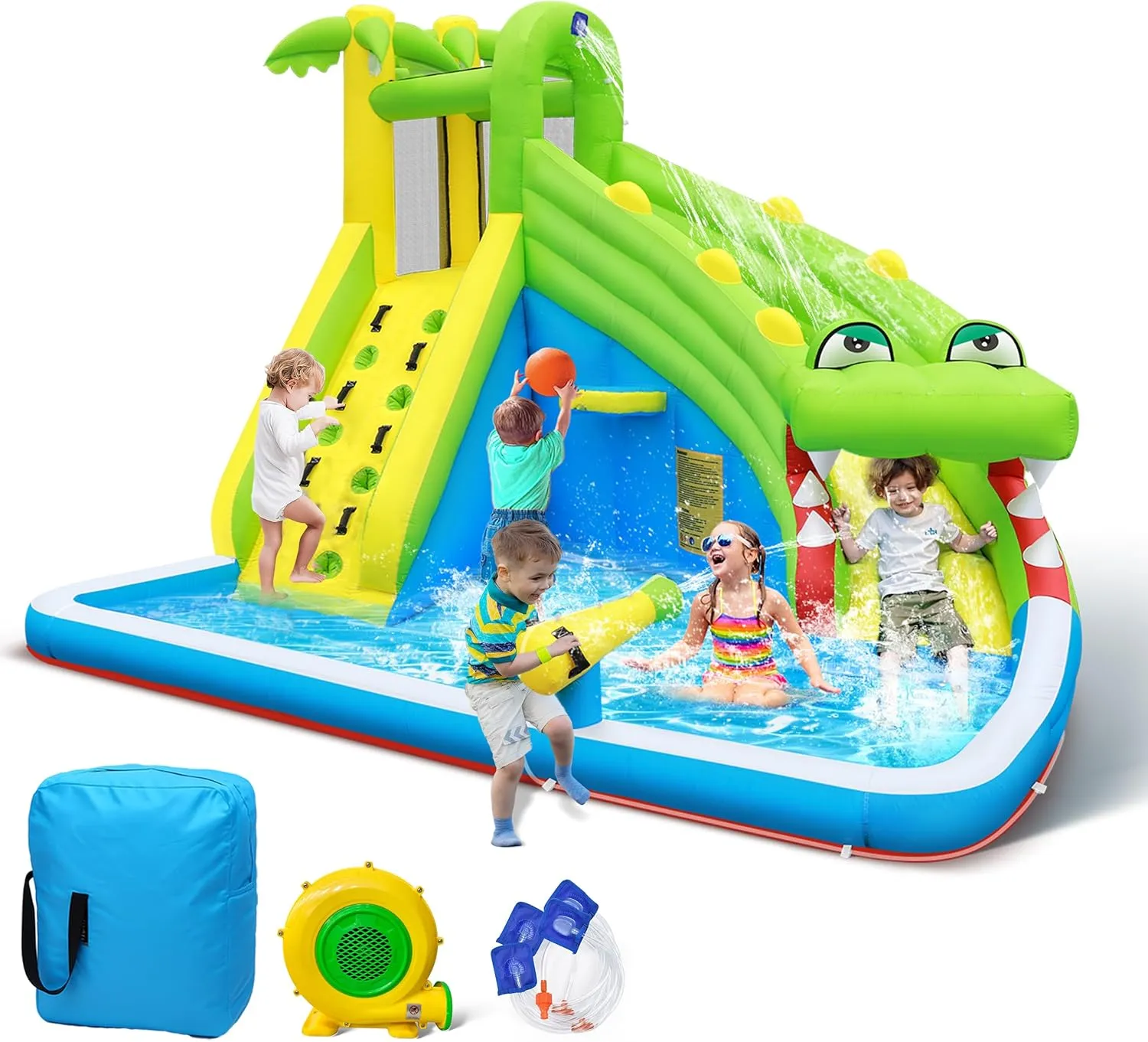 Culaluva Inflatable Water Slide: 5 in 1 Crocodile Blow up Bounce House for Kids - Splash Pool Cannon Climbing Wall Basketball Rim 480W Blower - for Backyard Outdoor Birthday Party