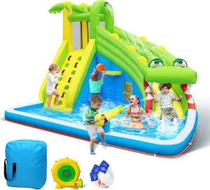 Culaluva Inflatable Water Slide: 5 in 1 Crocodile Blow up Bounce House for Kids - Splash Pool Cannon Climbing Wall Basketball Rim 480W Blower - for Backyard Outdoor Birthday Party