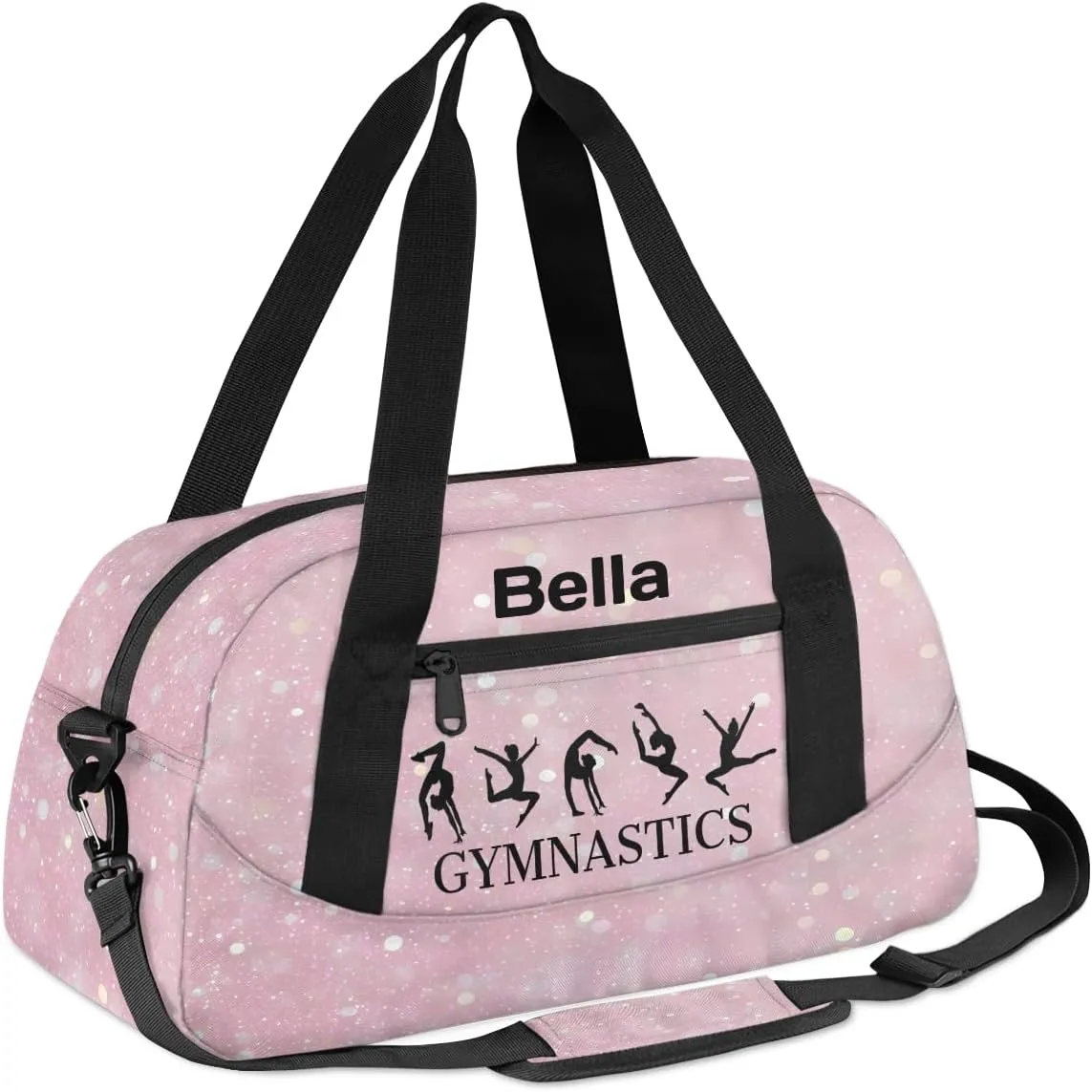 Custom Kids Sports Duffel Bag Light Pink Sparkling Glitter Gymnastics Personalized Dance Gym Bag for Boys Girls Lightweight Weekender Travel Duffle Cheer Bag