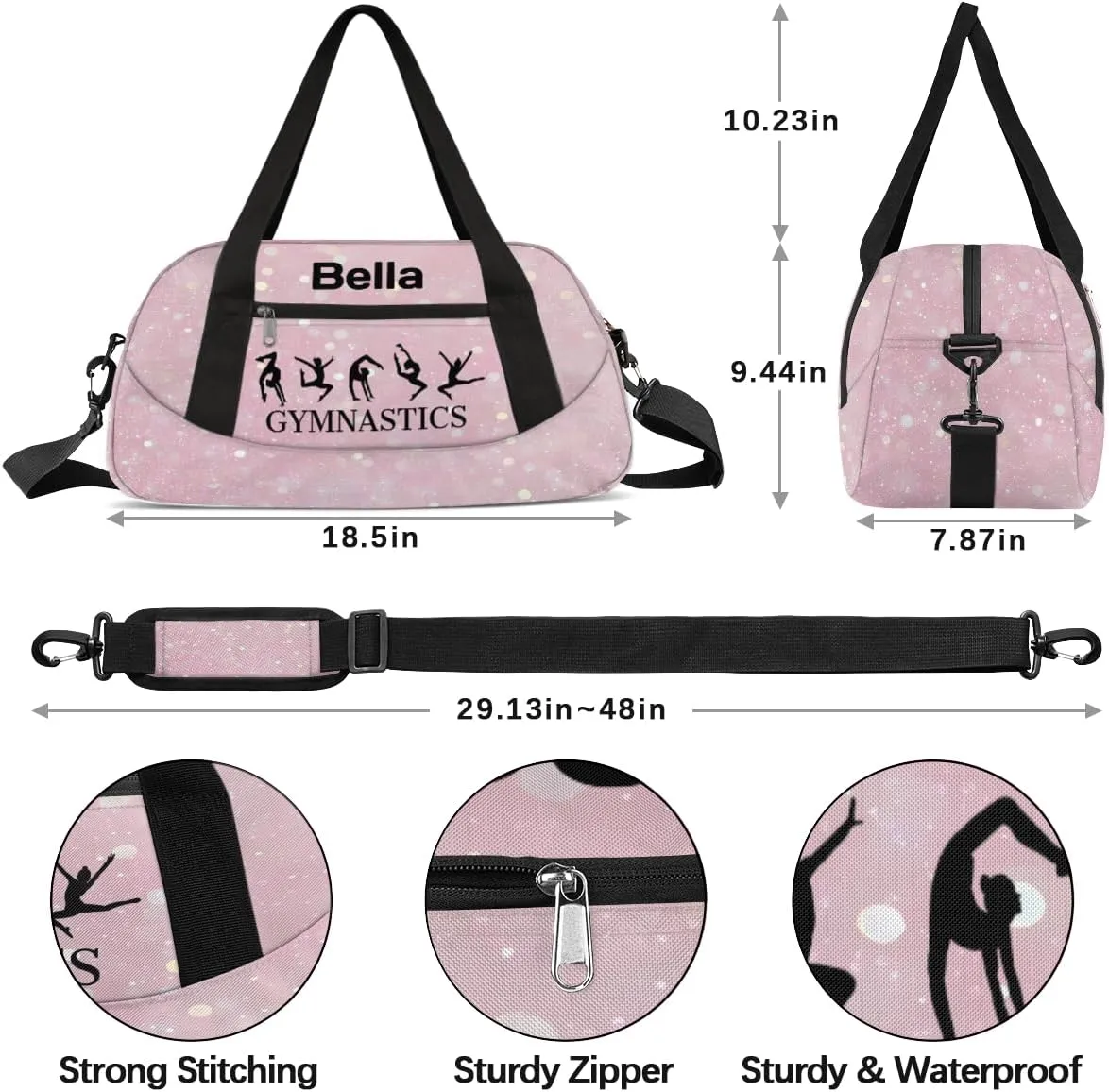 Custom Kids Sports Duffel Bag Light Pink Sparkling Glitter Gymnastics Personalized Dance Gym Bag for Boys Girls Lightweight Weekender Travel Duffle Cheer Bag