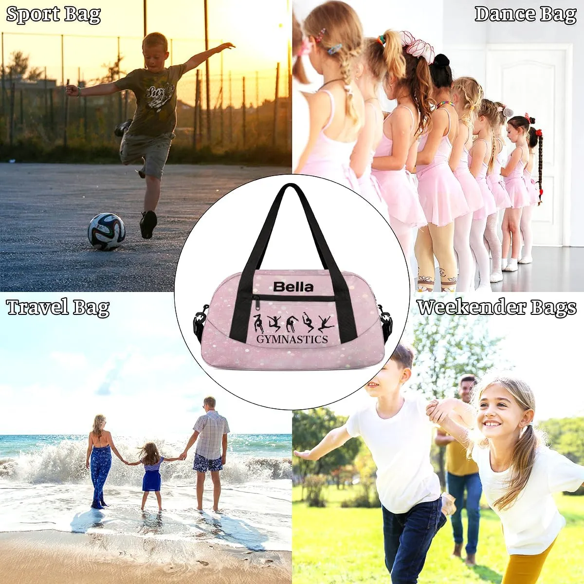 Custom Kids Sports Duffel Bag Light Pink Sparkling Glitter Gymnastics Personalized Dance Gym Bag for Boys Girls Lightweight Weekender Travel Duffle Cheer Bag