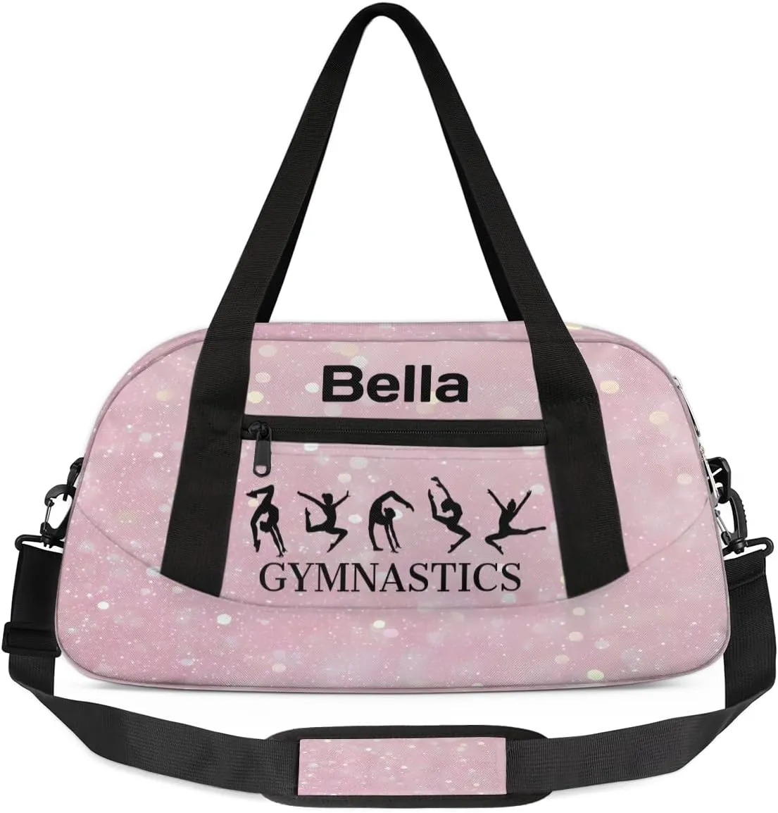 Custom Kids Sports Duffel Bag Light Pink Sparkling Glitter Gymnastics Personalized Dance Gym Bag for Boys Girls Lightweight Weekender Travel Duffle Cheer Bag