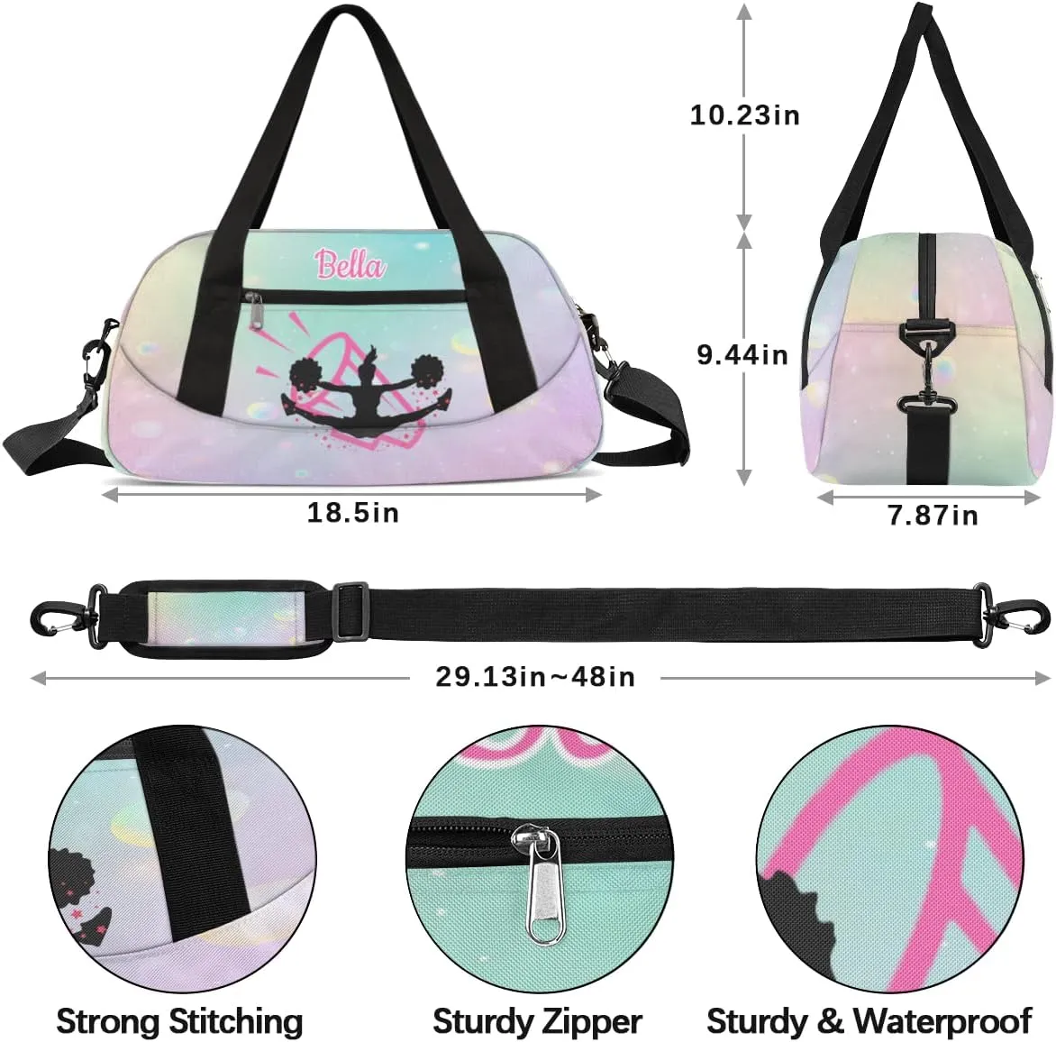 Custom Kids Sports Duffel Bag Pastel Bokeh Bubbles Cheer Personalized Dance Gym Bag for Boys Girls Lightweight Weekender Travel Duffle Cheer Bag
