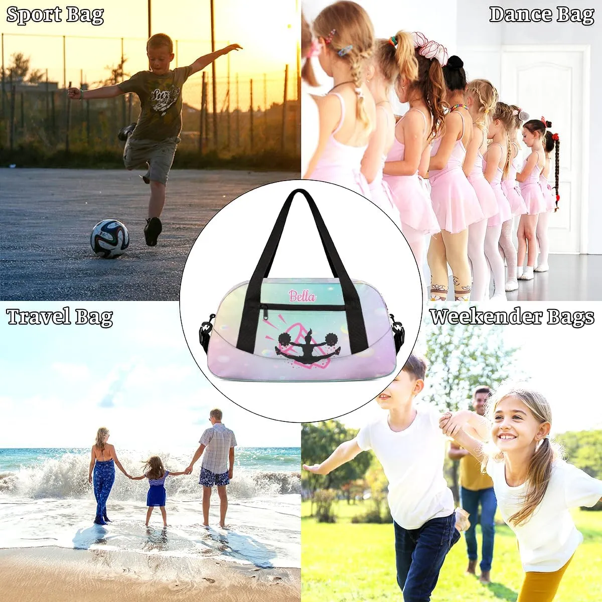 Custom Kids Sports Duffel Bag Pastel Bokeh Bubbles Cheer Personalized Dance Gym Bag for Boys Girls Lightweight Weekender Travel Duffle Cheer Bag