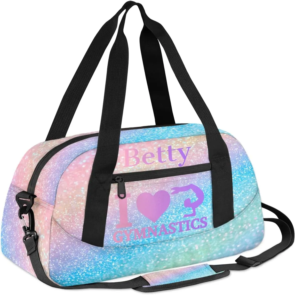 Custom Kids Sports Duffel Bag Pastel Rainbow Glitter Gym Themed Personalized Dance Gym Bag for Boys Girls Lightweight Weekender Travel Duffle Cheer Bag