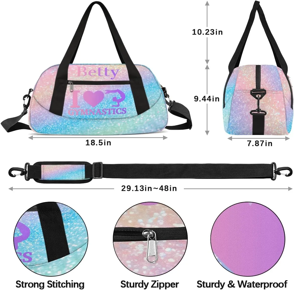 Custom Kids Sports Duffel Bag Pastel Rainbow Glitter Gym Themed Personalized Dance Gym Bag for Boys Girls Lightweight Weekender Travel Duffle Cheer Bag