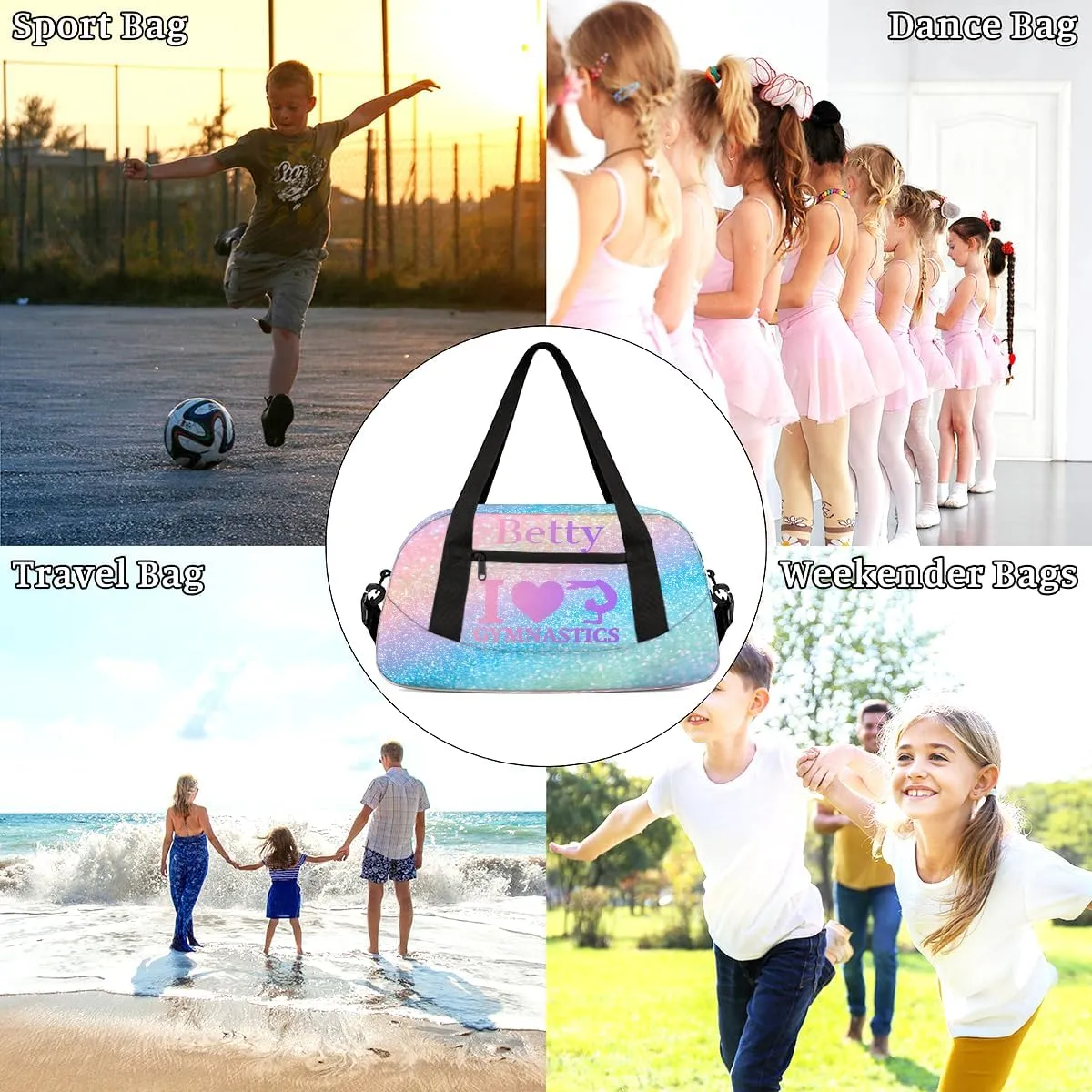 Custom Kids Sports Duffel Bag Pastel Rainbow Glitter Gym Themed Personalized Dance Gym Bag for Boys Girls Lightweight Weekender Travel Duffle Cheer Bag