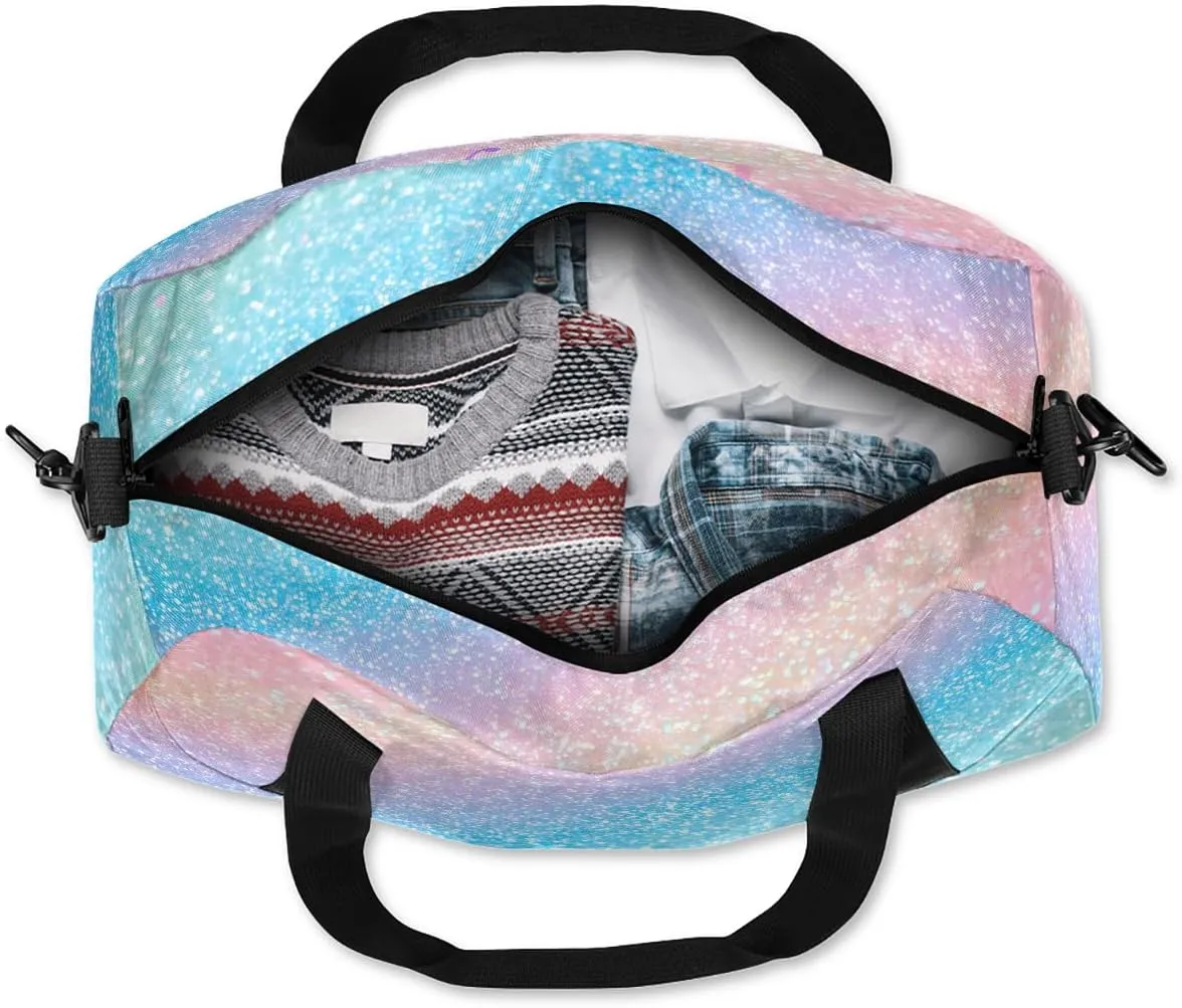 Custom Kids Sports Duffel Bag Pastel Rainbow Glitter Gym Themed Personalized Dance Gym Bag for Boys Girls Lightweight Weekender Travel Duffle Cheer Bag