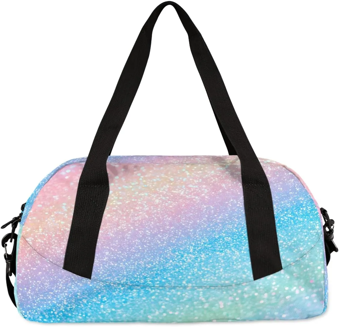 Custom Kids Sports Duffel Bag Pastel Rainbow Glitter Gym Themed Personalized Dance Gym Bag for Boys Girls Lightweight Weekender Travel Duffle Cheer Bag