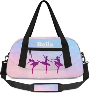Custom Kids Sports Duffel Bag Pink Blue Pastel Gradient Ballet Dancer Personalized Dance Gym Bag for Boys Girls Lightweight Weekender Travel Duffle Cheer Bag