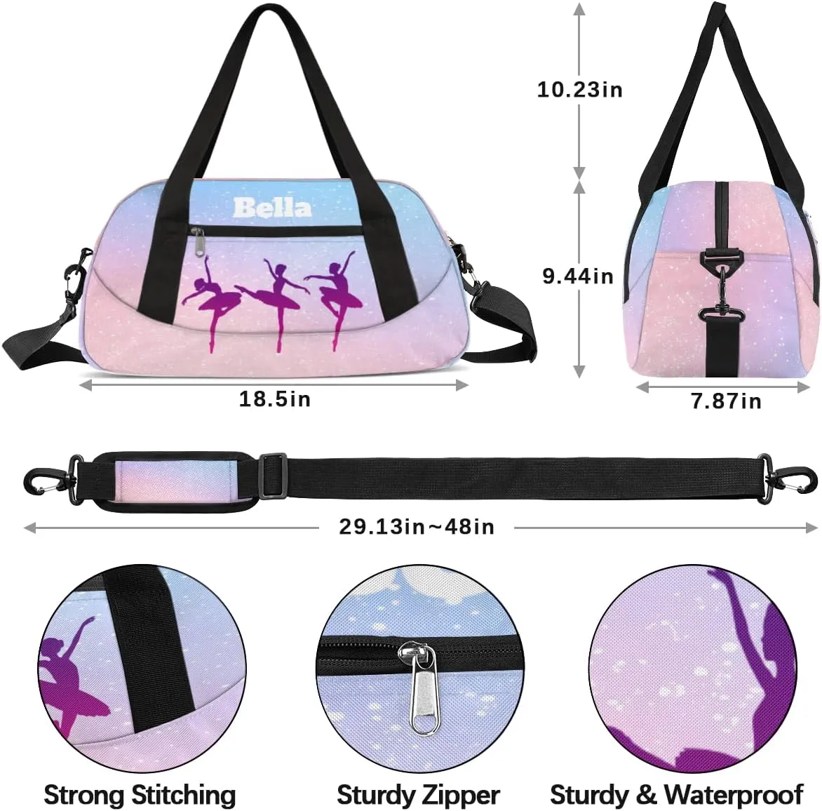Custom Kids Sports Duffel Bag Pink Blue Pastel Gradient Ballet Dancer Personalized Dance Gym Bag for Boys Girls Lightweight Weekender Travel Duffle Cheer Bag