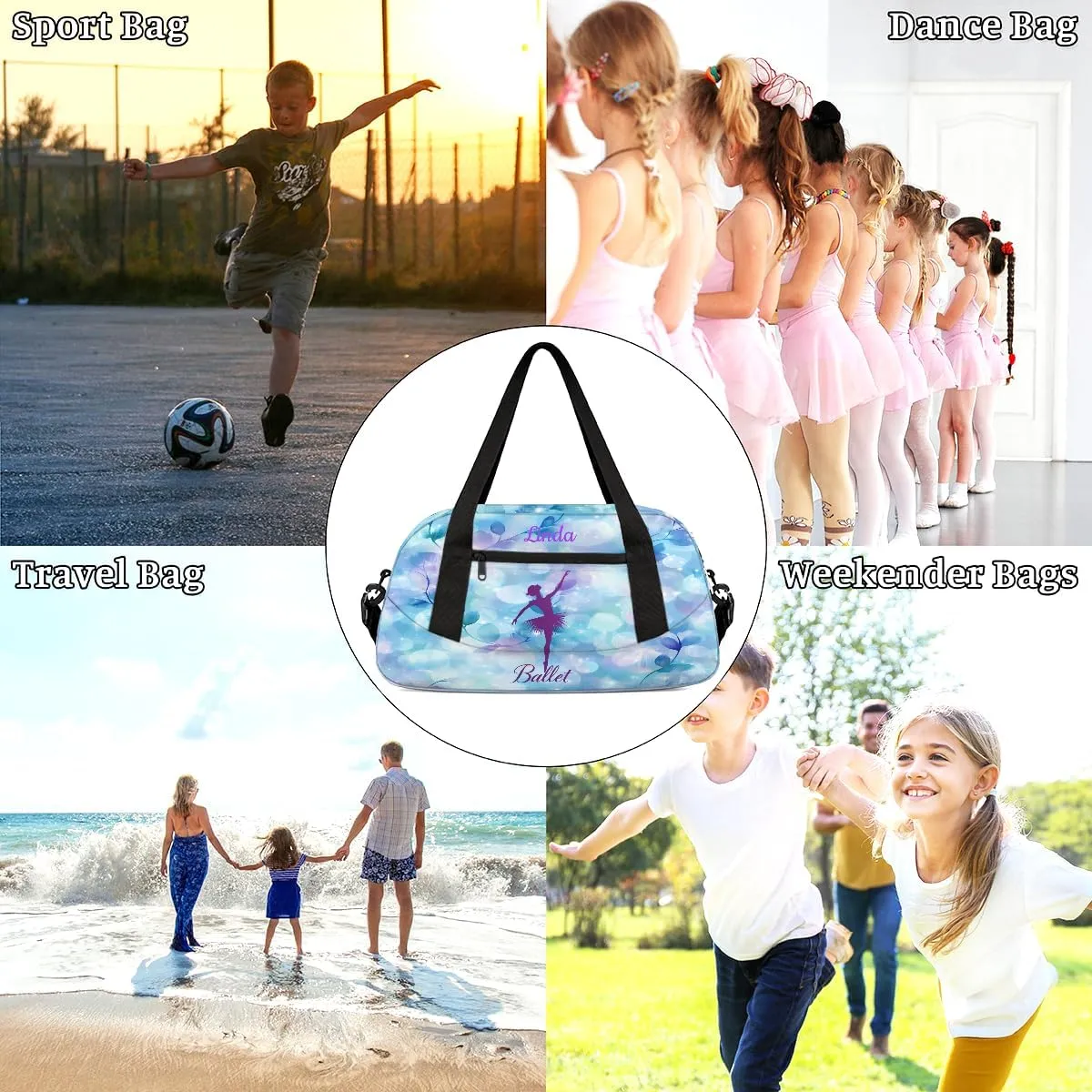 Custom Kids Sports Duffel Bag Purple Blue Bokeh Sparkling Ballet Personalized Dance Gym Bag for Boys Girls Lightweight Weekender Travel Duffle Cheer Bag