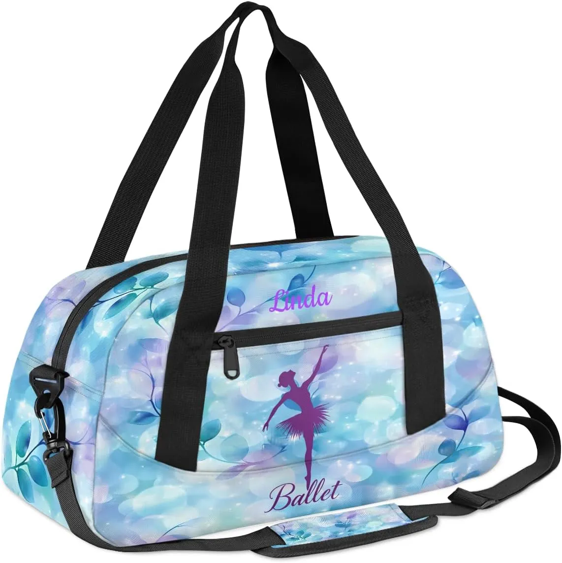 Custom Kids Sports Duffel Bag Purple Blue Bokeh Sparkling Ballet Personalized Dance Gym Bag for Boys Girls Lightweight Weekender Travel Duffle Cheer Bag