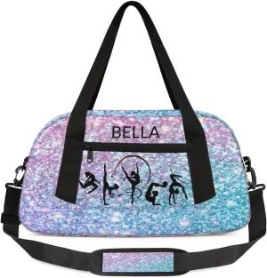 Custom Kids Sports Duffel Bag Purple Blue Glitter Gymnastics Themed Personalized Dance Gym Bag for Boys Girls Lightweight Weekender Travel Duffle Cheer Bag