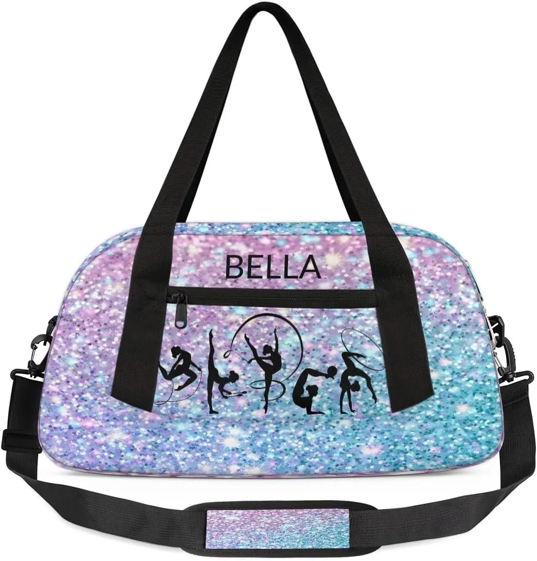 Custom Kids Sports Duffel Bag Purple Blue Glitter Gymnastics Themed Personalized Dance Gym Bag for Boys Girls Lightweight Weekender Travel Duffle Cheer Bag