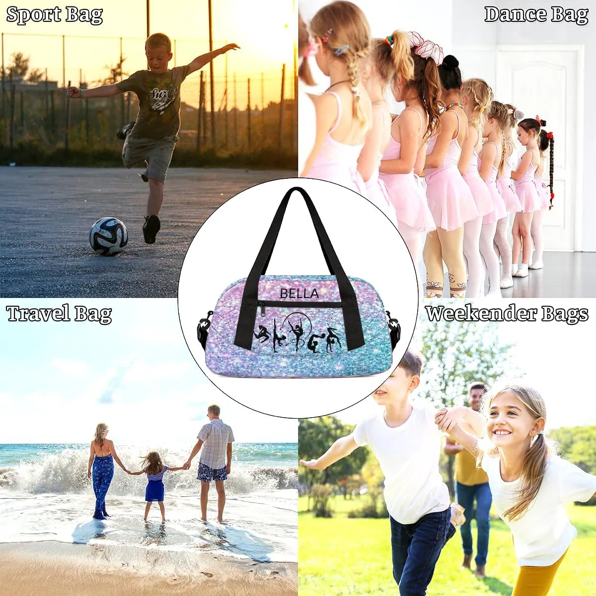 Custom Kids Sports Duffel Bag Purple Blue Glitter Gymnastics Themed Personalized Dance Gym Bag for Boys Girls Lightweight Weekender Travel Duffle Cheer Bag