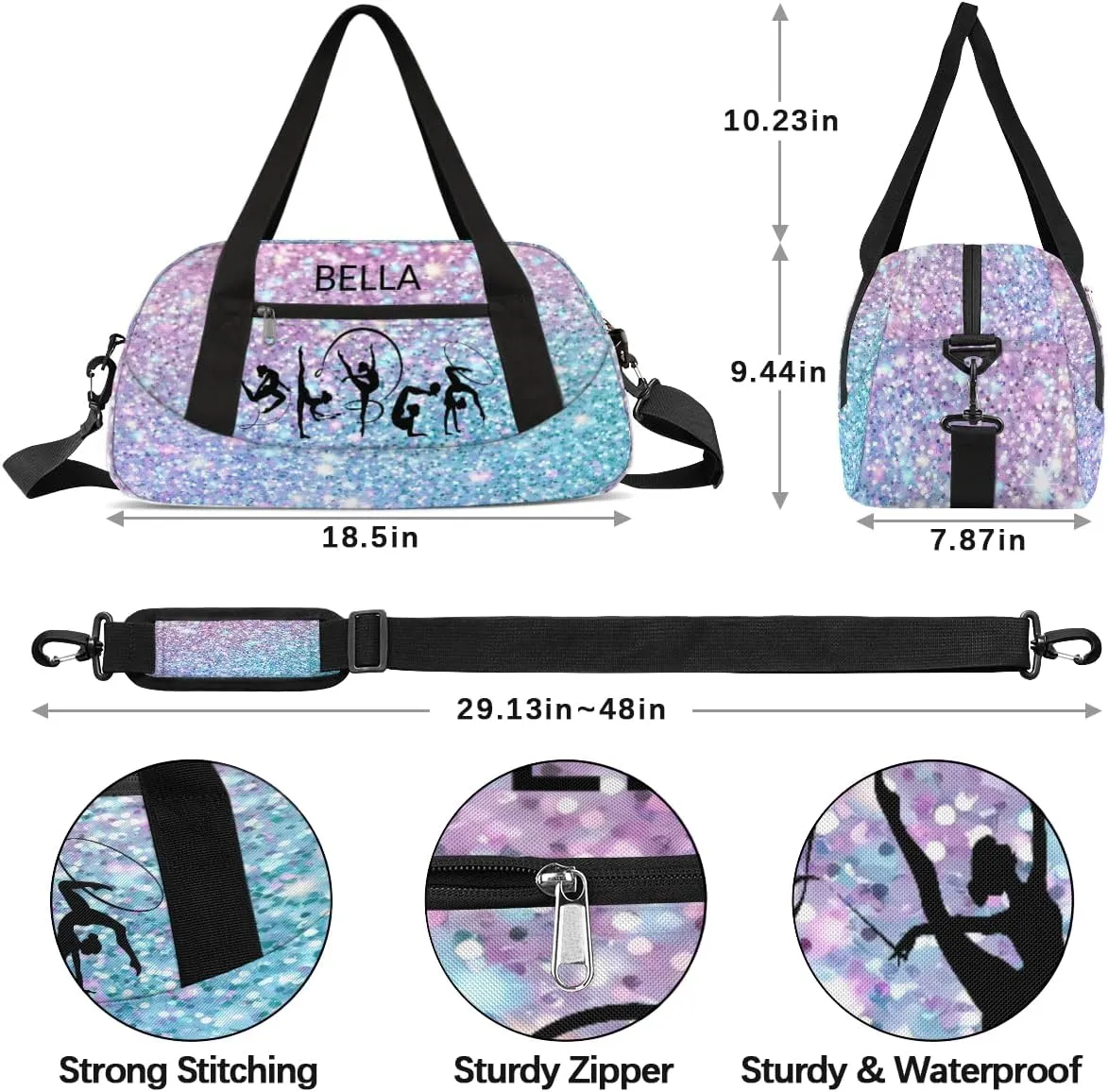 Custom Kids Sports Duffel Bag Purple Blue Glitter Gymnastics Themed Personalized Dance Gym Bag for Boys Girls Lightweight Weekender Travel Duffle Cheer Bag