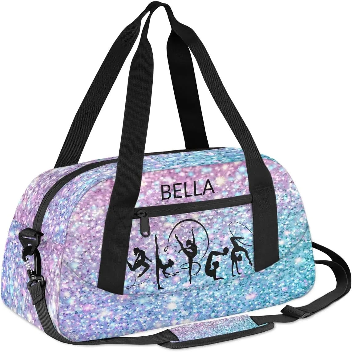 Custom Kids Sports Duffel Bag Purple Blue Glitter Gymnastics Themed Personalized Dance Gym Bag for Boys Girls Lightweight Weekender Travel Duffle Cheer Bag