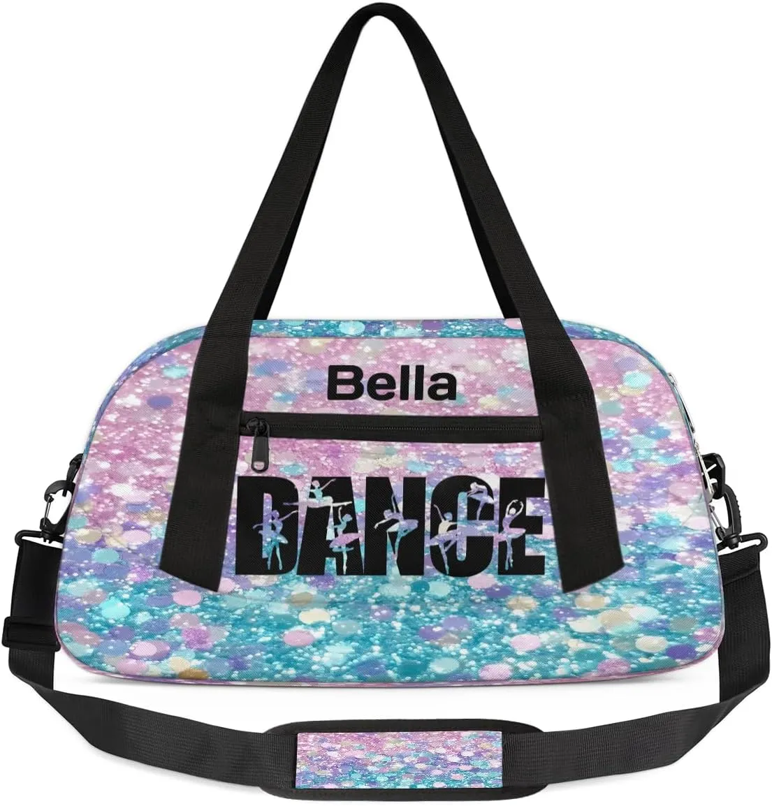 Custom Kids Sports Duffel Bag Purple Pink Blue Glitter Ballet Dance Personalized Dance Gym Bag for Boys Girls Lightweight Weekender Travel Duffle Cheer Bag