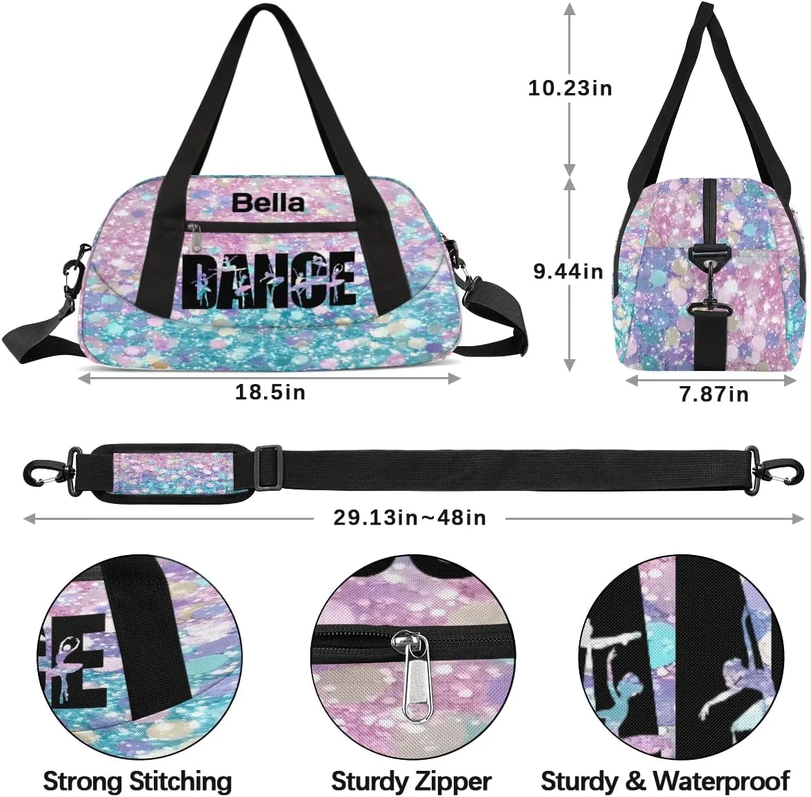 Custom Kids Sports Duffel Bag Purple Pink Blue Glitter Ballet Dance Personalized Dance Gym Bag for Boys Girls Lightweight Weekender Travel Duffle Cheer Bag