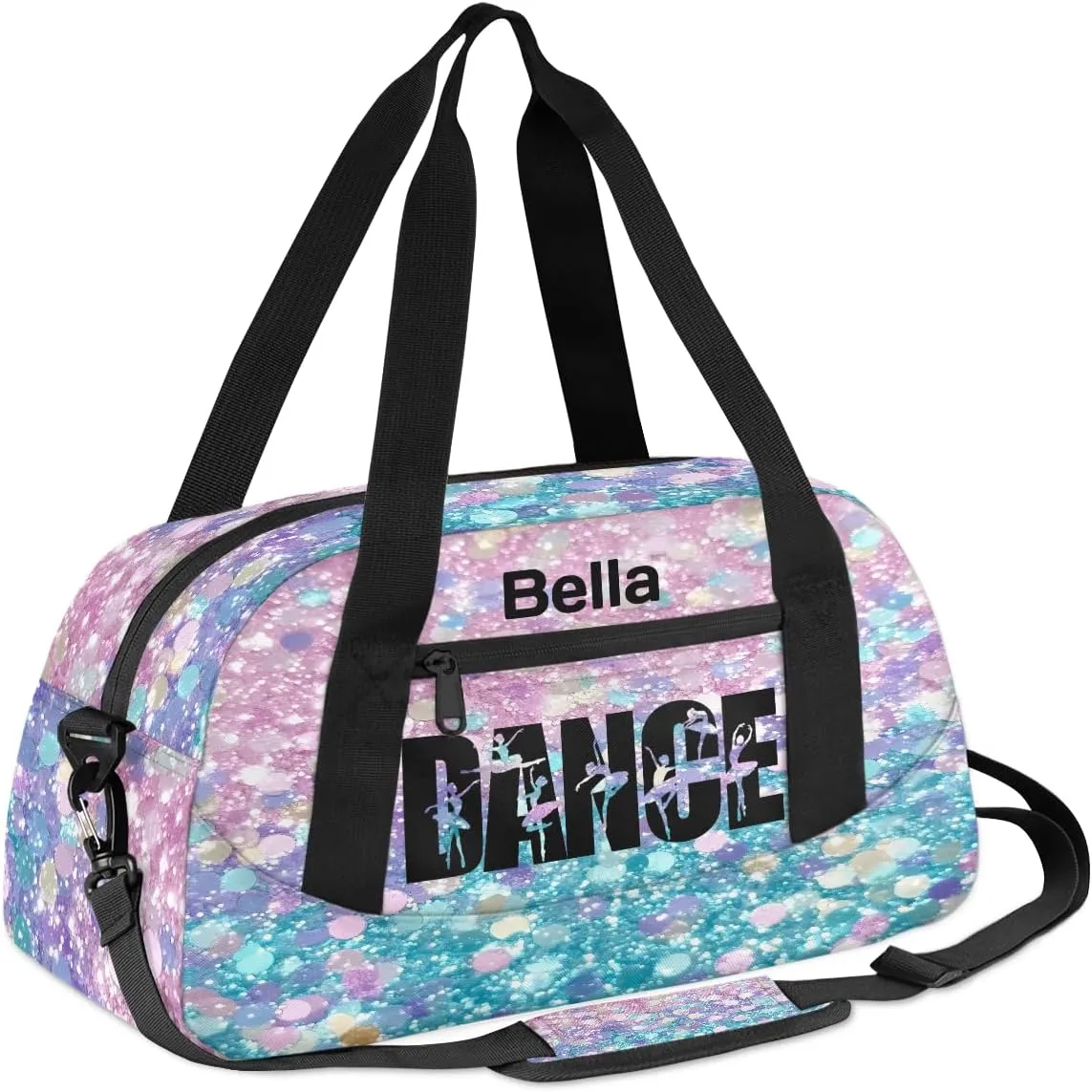 Custom Kids Sports Duffel Bag Purple Pink Blue Glitter Ballet Dance Personalized Dance Gym Bag for Boys Girls Lightweight Weekender Travel Duffle Cheer Bag